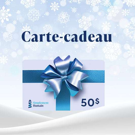 Carte-cadeau Simplement Humain de 50 $ avec un élégant ruban bleu, parfaite pour offrir un moment de bien-être et d'équilibre.