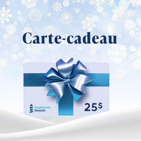 Carte-cadeau Simplement Humain de 25 $ avec un élégant ruban bleu, parfaite pour offrir un moment de bien-être et d'équilibre.