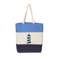 Sac tote Simplement Humain avec le logo du phare, en toile tricolore bleu, écru et marine, idéal pour transporter vos essentiels avec style.