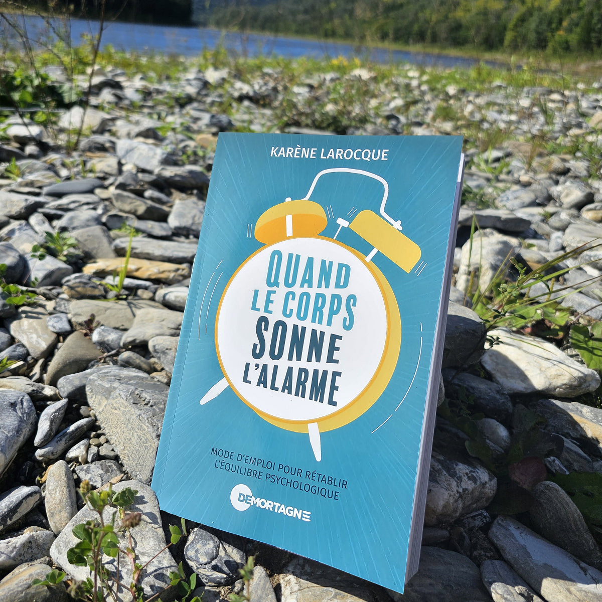 Livre "Quand le corps sonne l'alarme" de Karène Larocque, placé sur un sol de pierres près d'une rivière, avec des arbres et un ciel en arrière-plan.